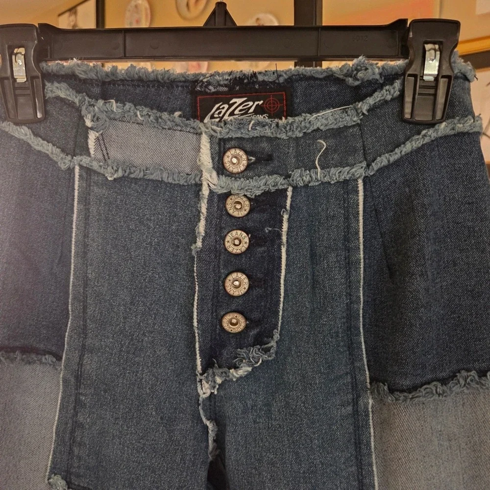 Lazer Jeans Patchwork Wide Leg Denim Pants Blue‎ Y2K Frayed Raw Hem Size 11